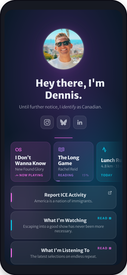Beacon — a link-in-bio site with avatar, widget tiles, and content cards