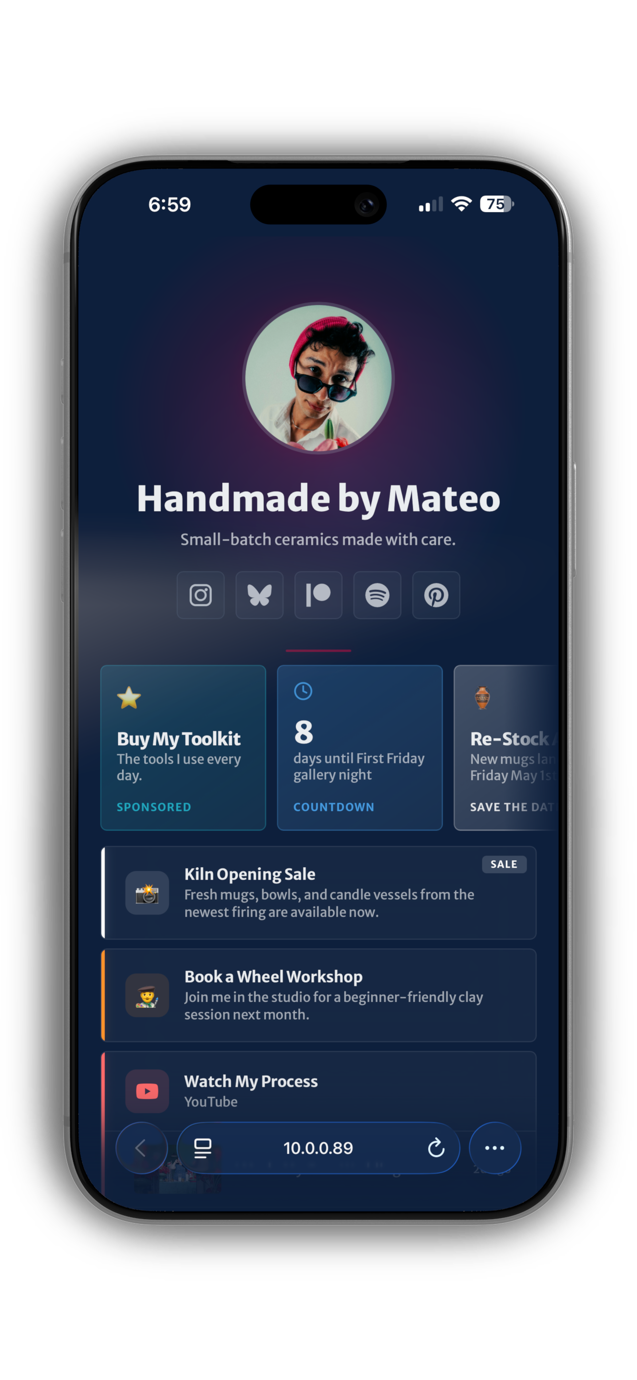 Beacon, a link-in-bio site with avatar, widget tiles, and content cards
